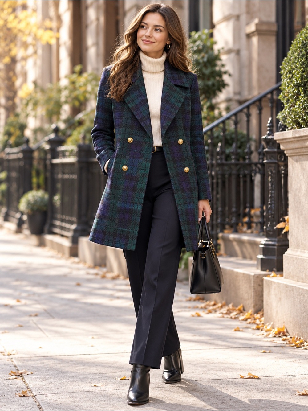 Anne Klein Womens Double-Breasted Coat in Black Watch Plaid - Sz S